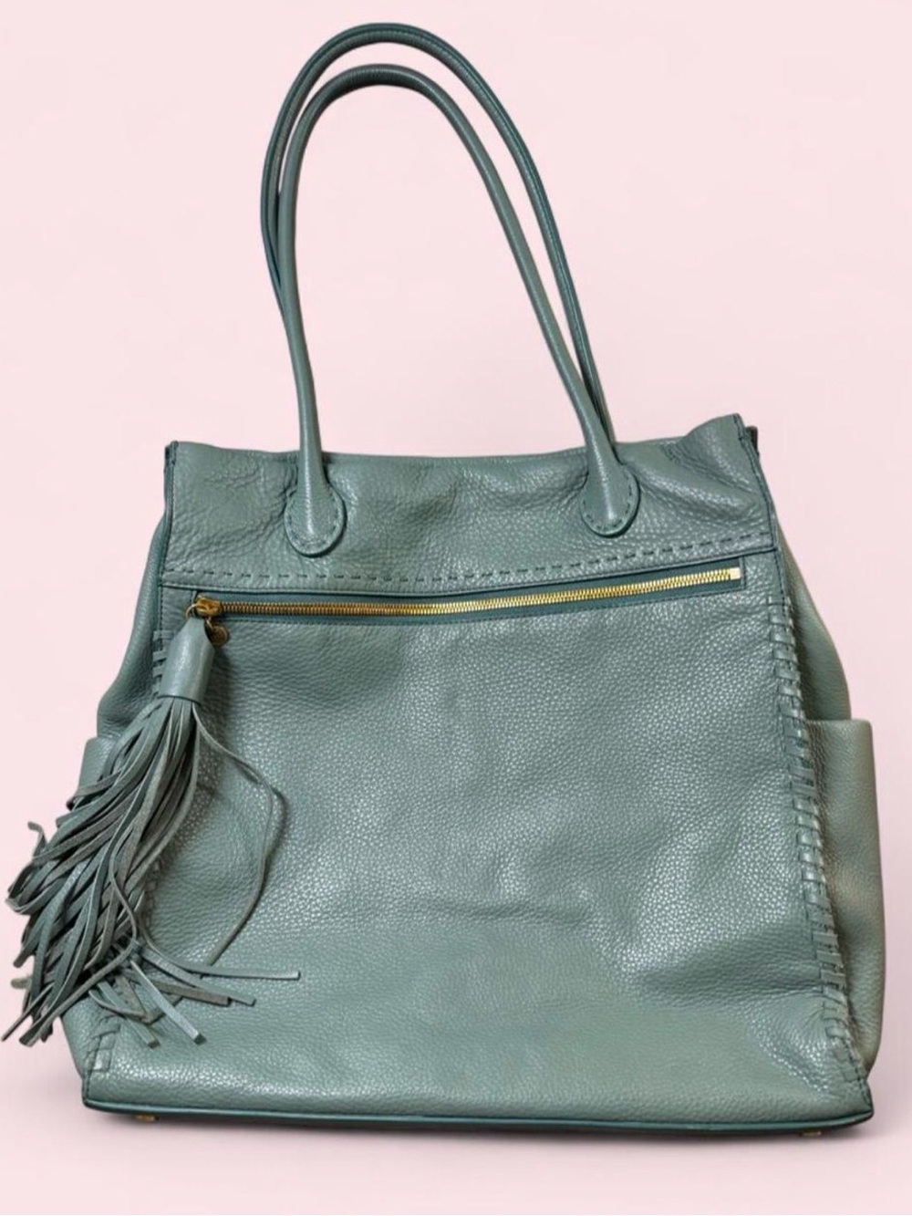 HOBO Leather Tassel Shoulder Tote in Sage